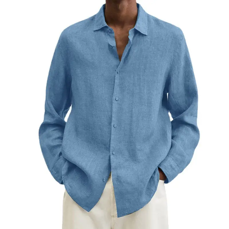 Men Cotton Linen V Neck Shirt Grey 2025 Autumn - Image 17