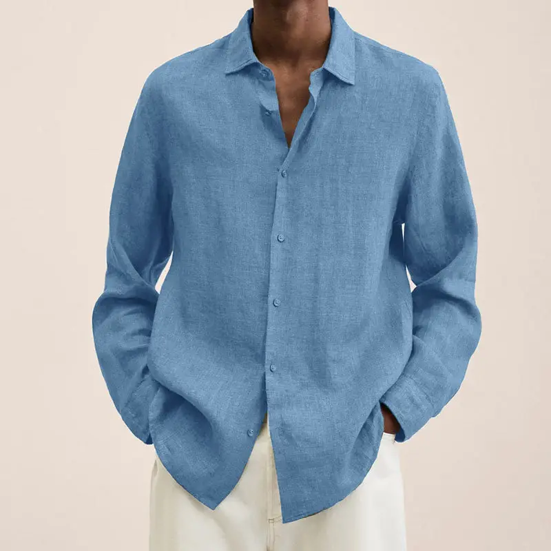 Men Cotton Linen V Neck Shirt Grey 2025 Autumn - Image 4