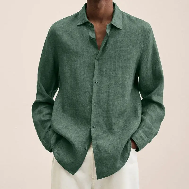 Men Cotton Linen V Neck Shirt Grey 2025 Autumn - Image 12
