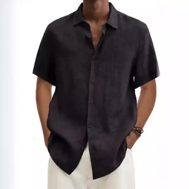 Men V Neck Button Cotton Linen Shirt Purple - Image 19