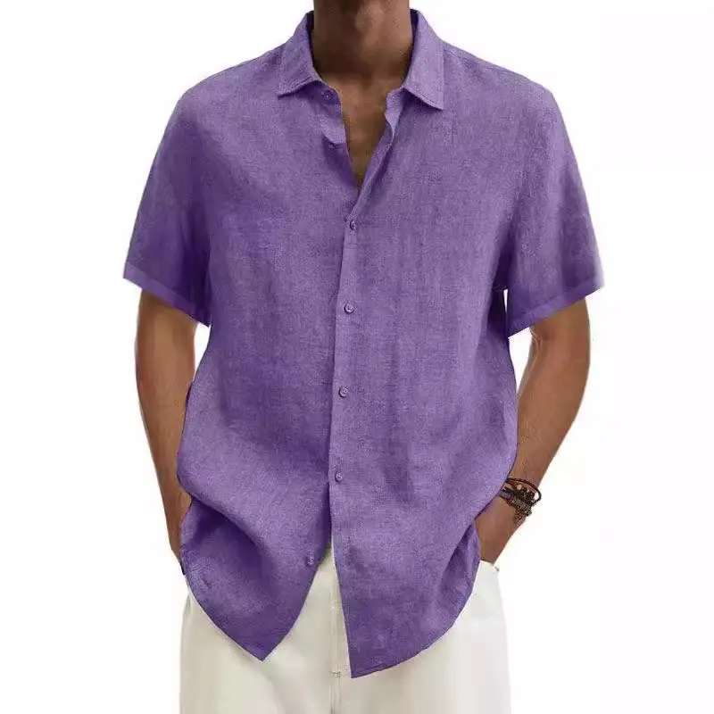 Men V Neck Button Cotton Linen Shirt Purple - Image 20