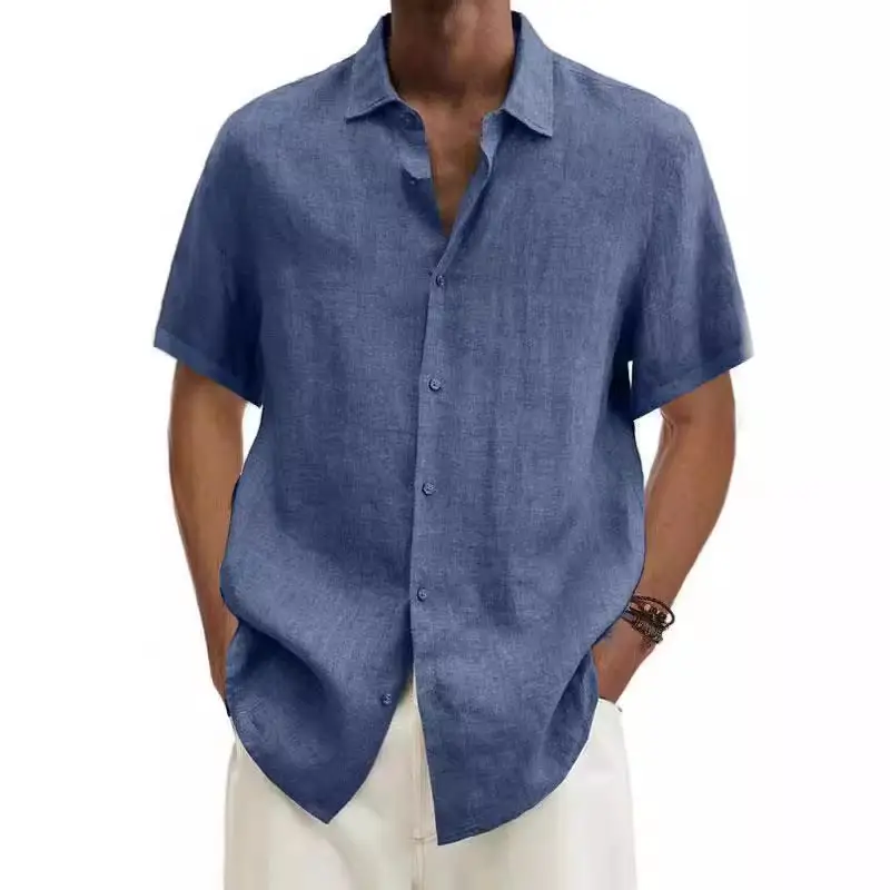 Men V Neck Button Cotton Linen Shirt Purple - Image 21