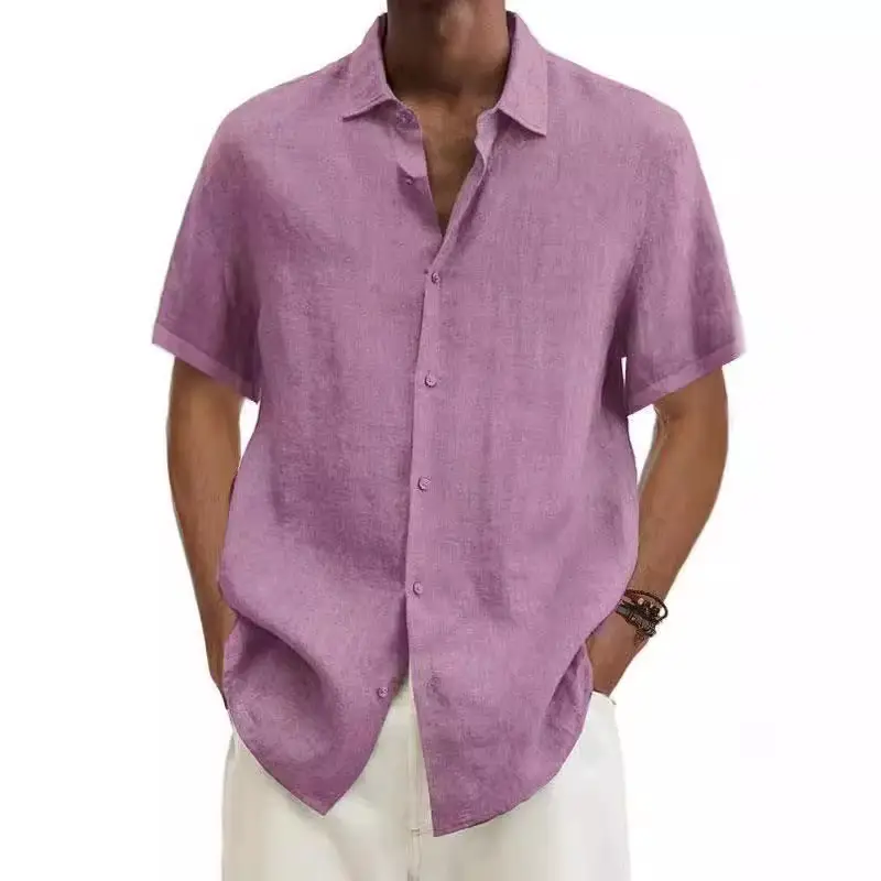 Men V Neck Button Cotton Linen Shirt Purple - Image 22