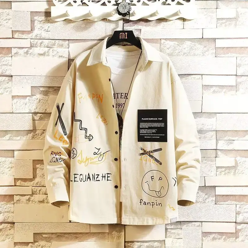 Men Printed Long Sleeve Black Coat Fat Korean Style - Image 5