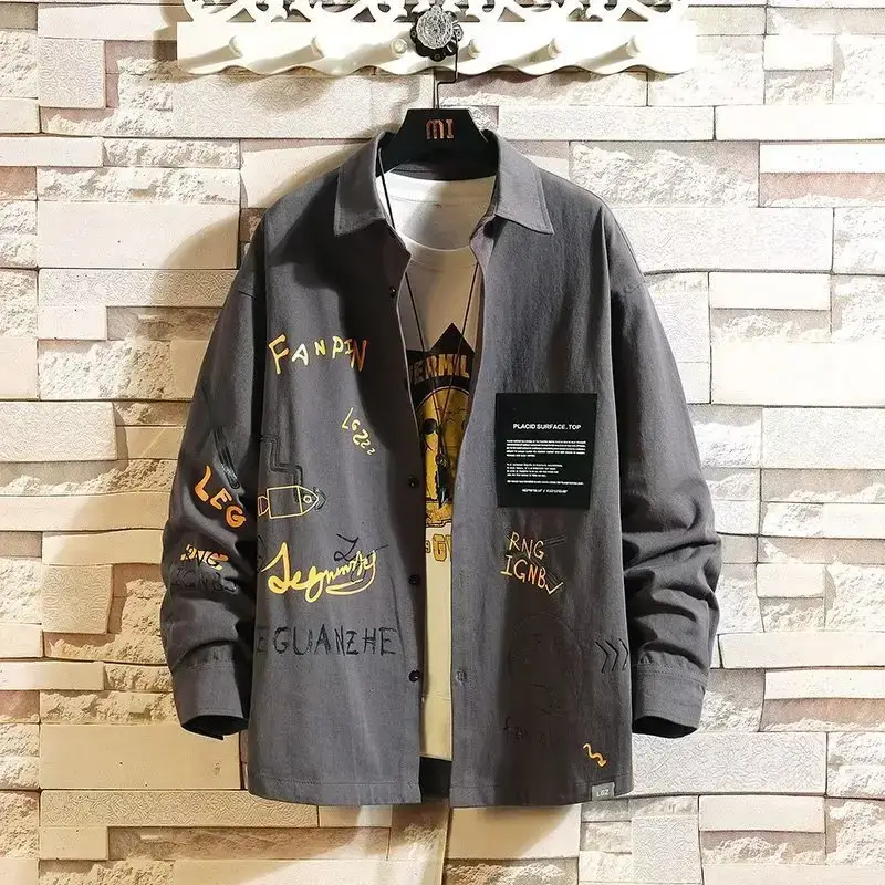 Men Printed Long Sleeve Black Coat Fat Korean Style - Image 6