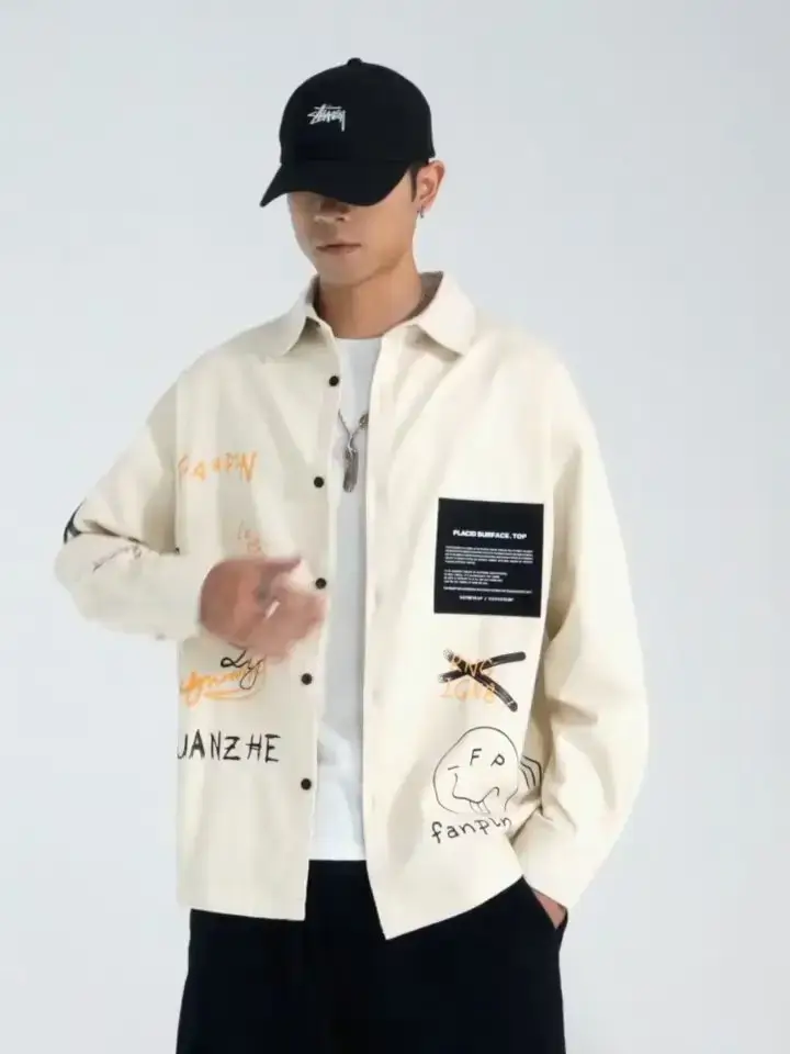 Men Printed Long Sleeve Black Coat Fat Korean Style — feature 3
