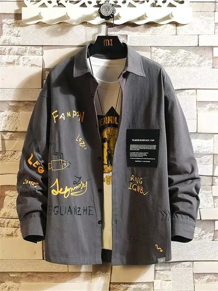Men Printed Long Sleeve Black Coat Fat Korean Style — feature 4