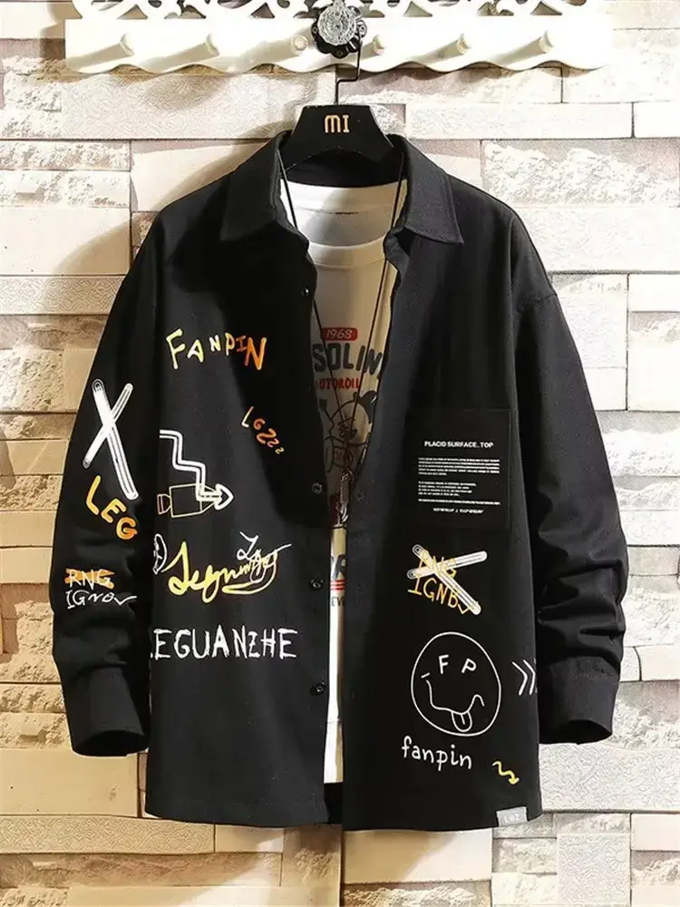 Men Printed Long Sleeve Black Coat Fat Korean Style — feature 5