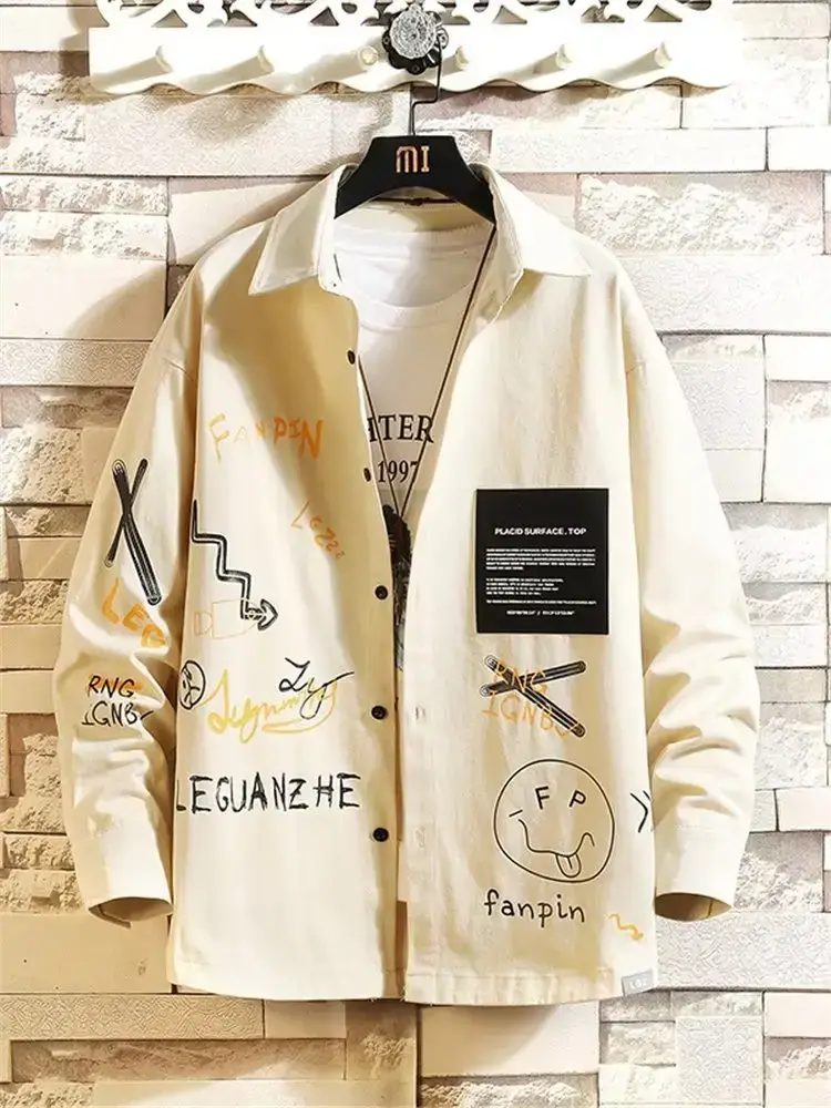 Men Printed Long Sleeve Black Coat Fat Korean Style — feature 6