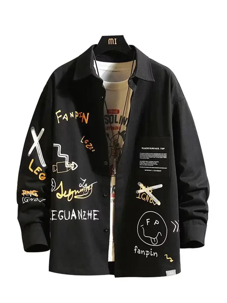 Men Printed Long Sleeve Black Coat Fat Korean Style — feature 8