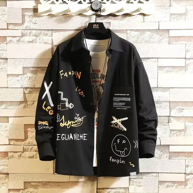 Men Printed Long Sleeve Black Coat Fat Korean Style - Image 3