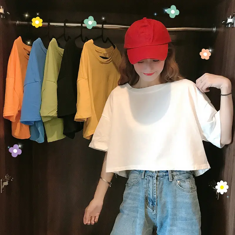 Women Korean Style Loose Fit T-Shirt White Crop Top - Image 4