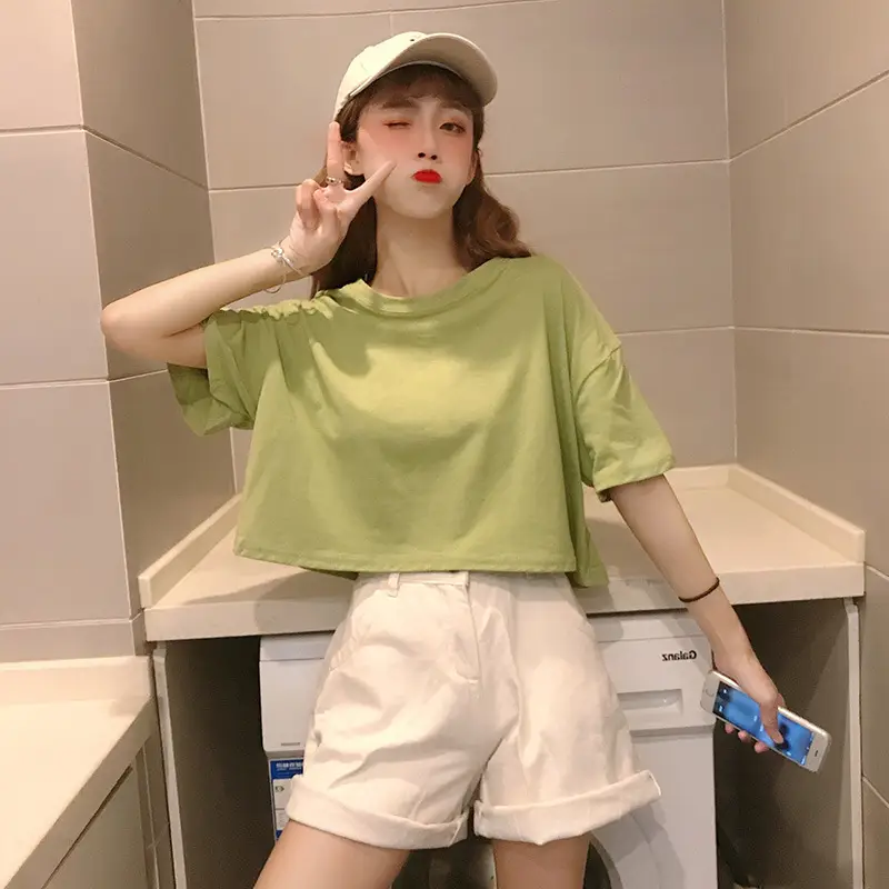 Women Korean Style Loose Fit T-Shirt White Crop Top — feature 14