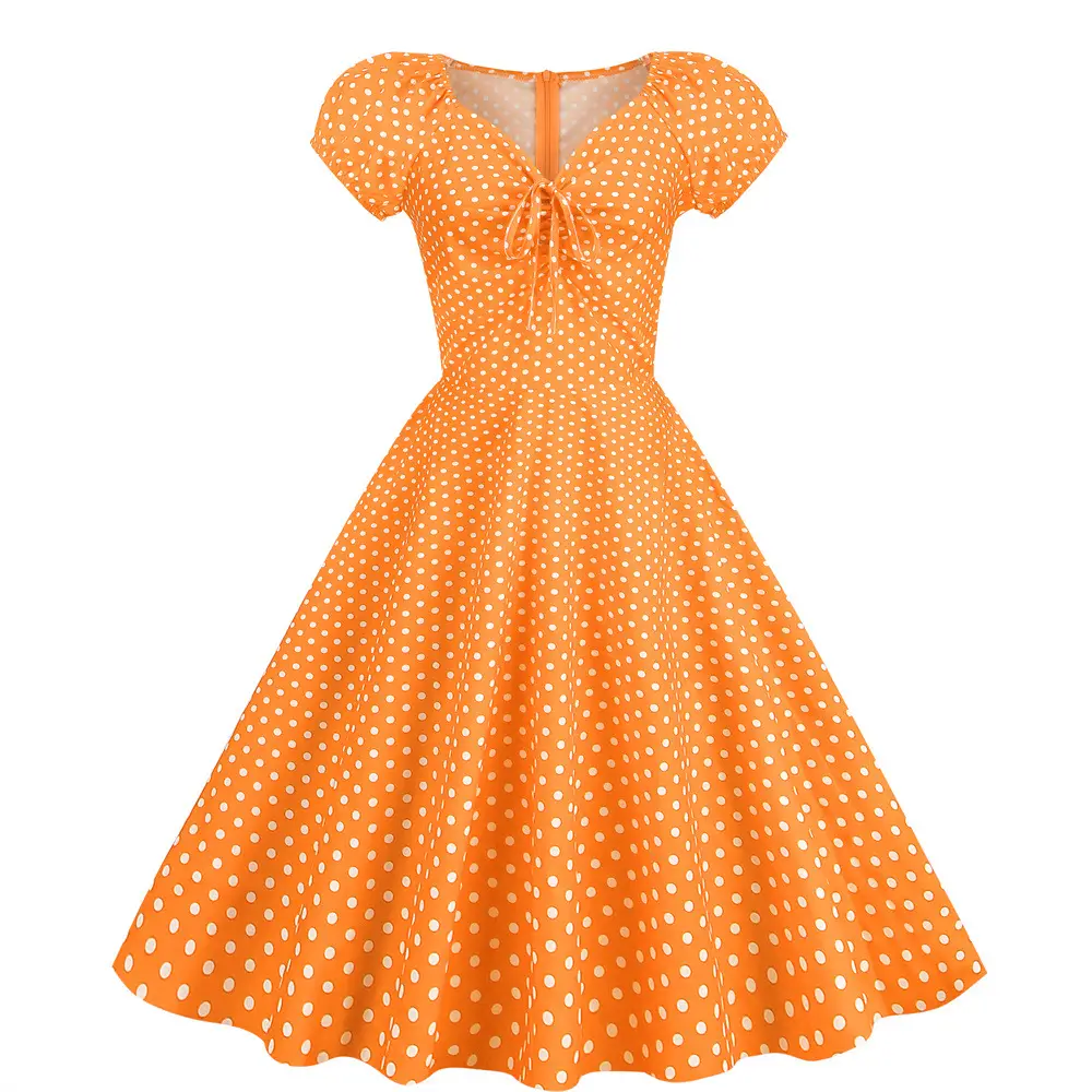 Orange Polka Dot V-Neck Swing Dress for Girls - Image 10