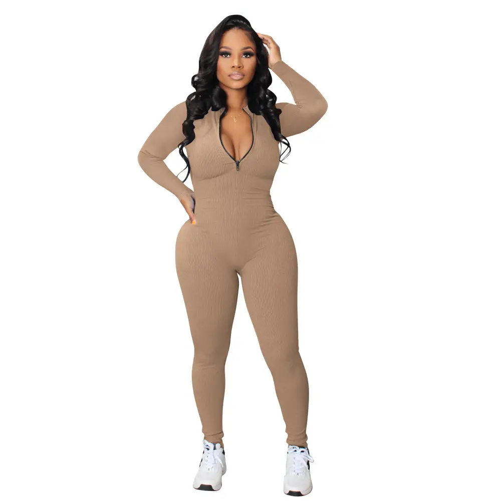 Grey Pit Zipper Sports Jumpsuit for Women - Image 12