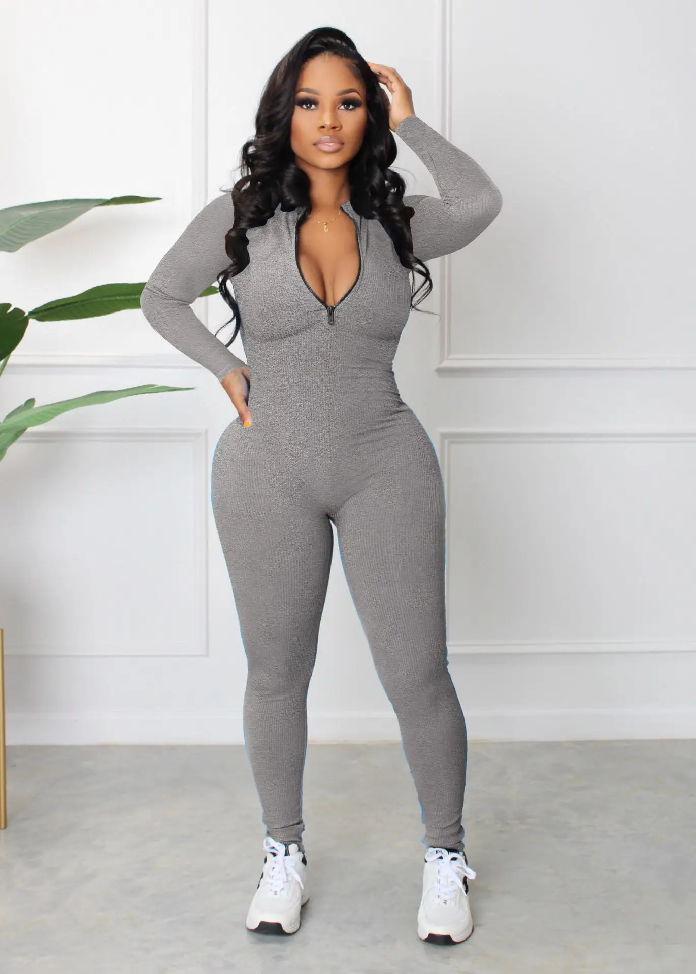 Grey Pit Zipper Sports Jumpsuit for Women - Image 3