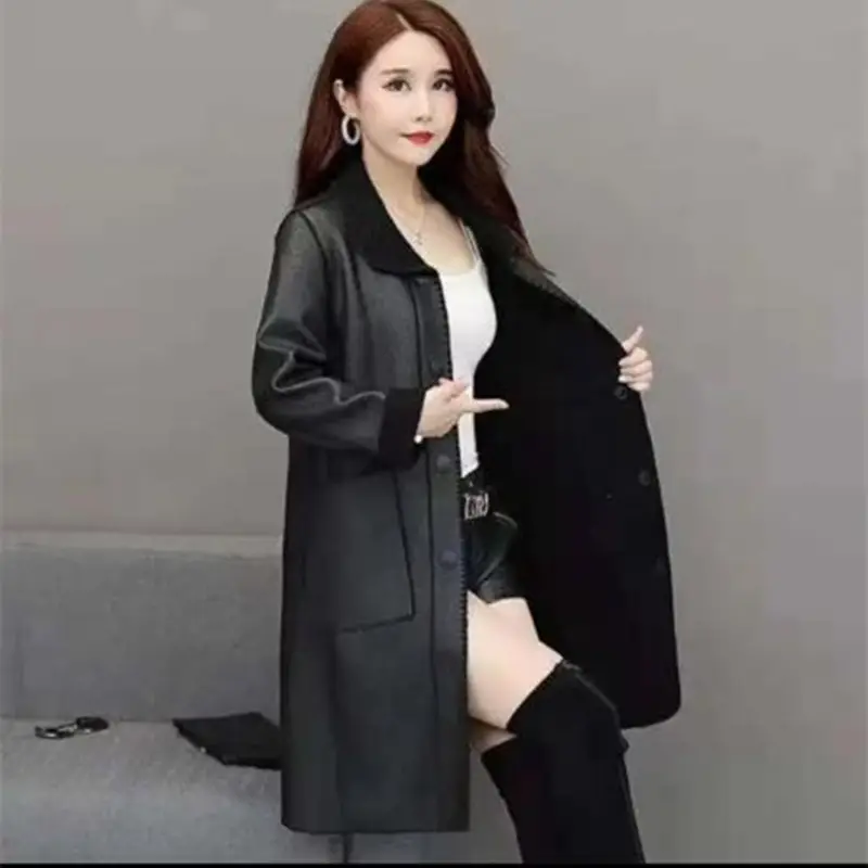 Women's Black Leather Teddy Windbreaker Mid-Length 2024 — feature 4