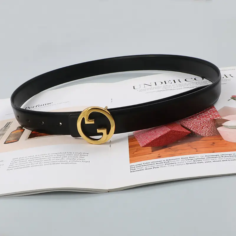 Men Leather Belt with Gold Guitard Buckle Black - Image 2