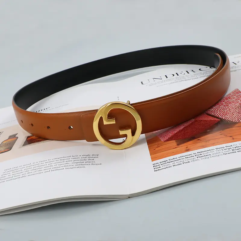 Men Leather Belt with Gold Guitard Buckle Black - Image 3