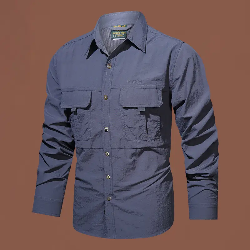 Men's Blue Waterproof Long-Sleeve Shirt with 2 Chest Pockets - Image 6