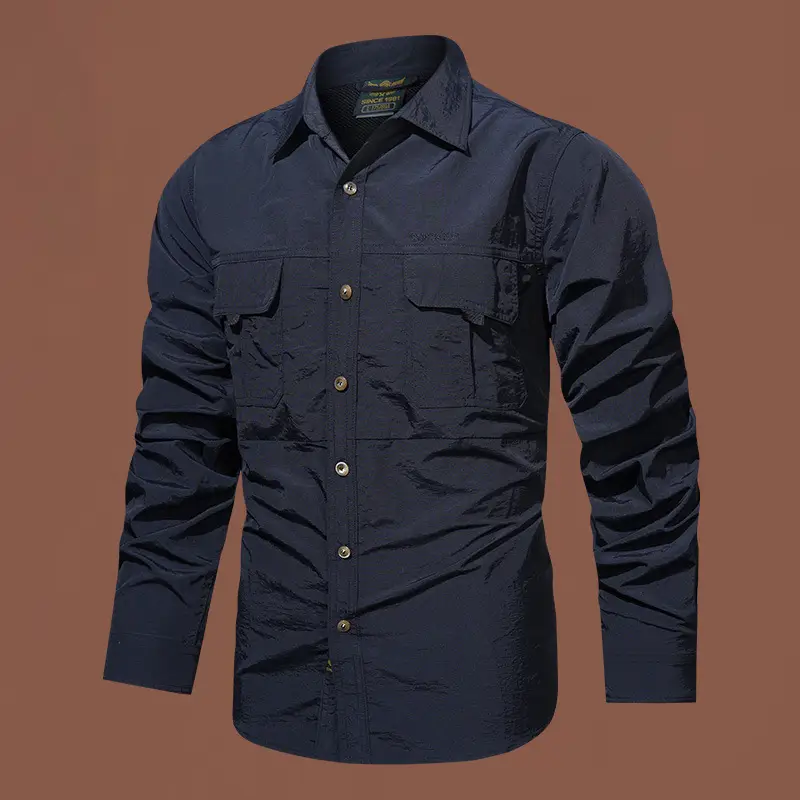 Men's Blue Waterproof Long-Sleeve Shirt with 2 Chest Pockets - Image 7