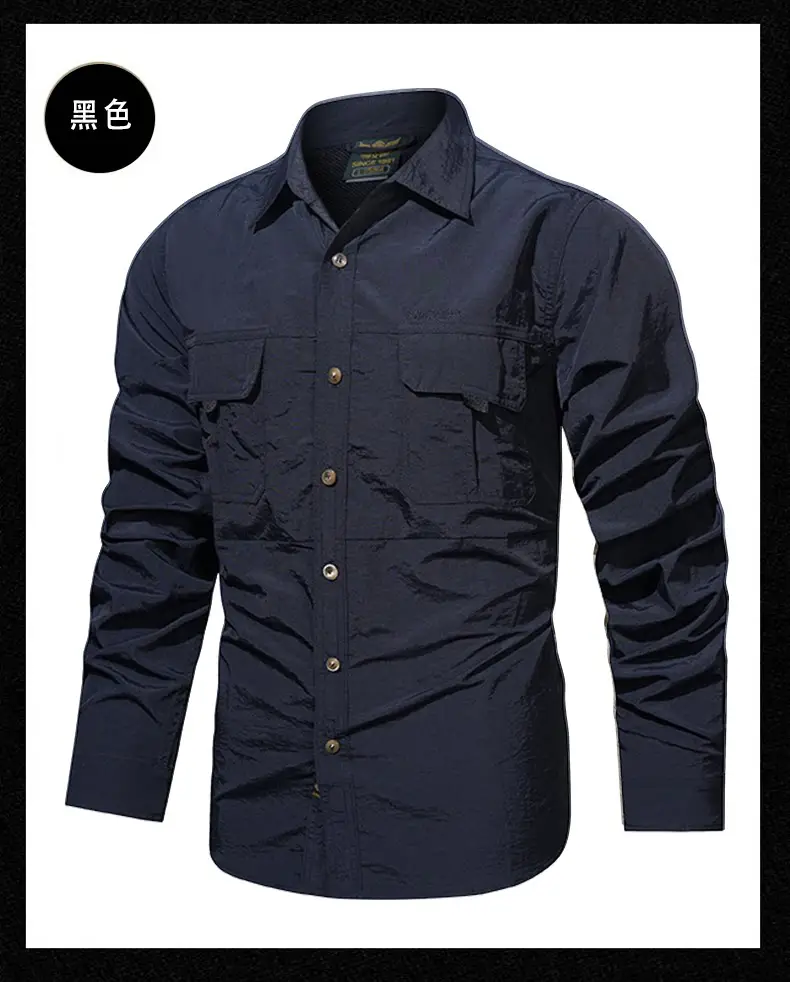 Men's Blue Waterproof Long-Sleeve Shirt with 2 Chest Pockets — feature 11
