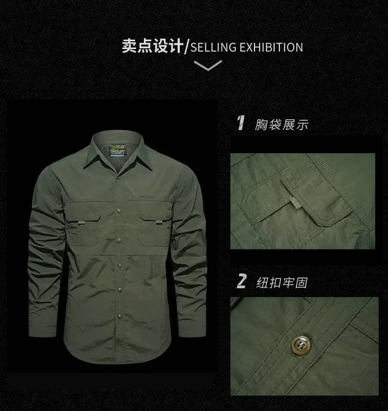 Men's Blue Waterproof Long-Sleeve Shirt with 2 Chest Pockets — feature 5