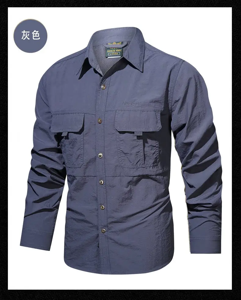Men's Blue Waterproof Long-Sleeve Shirt with 2 Chest Pockets — feature 9