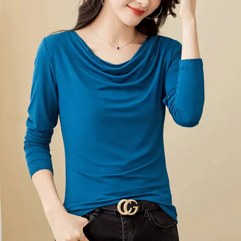 Blue Long-Sleeved Belly Covering Women's Shirt - Image 5