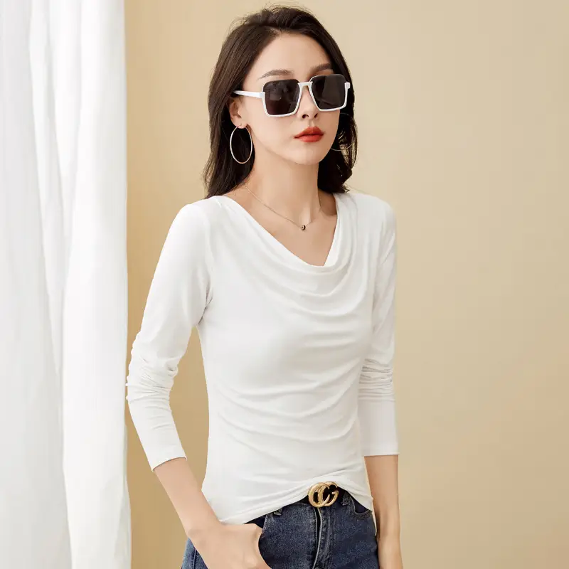 Blue Long-Sleeved Belly Covering Women's Shirt - Image 7
