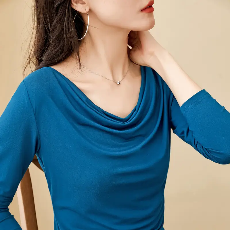 Blue Long-Sleeved Belly Covering Women's Shirt - Image 8