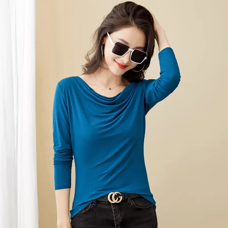 Blue Long-Sleeved Belly Covering Women's Shirt - Image 2