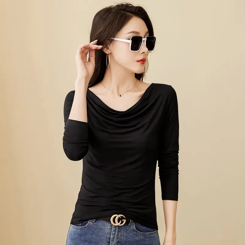 Blue Long-Sleeved Belly Covering Women's Shirt - Image 4