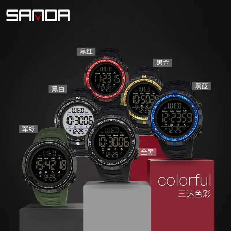 Sanda Digital Analog Watch Red Black Waterproof Student Sports