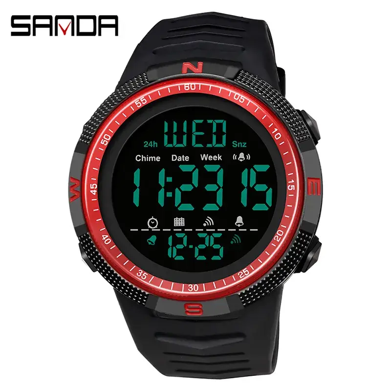 Sanda Digital Analog Watch Red Black Waterproof Student Sports
