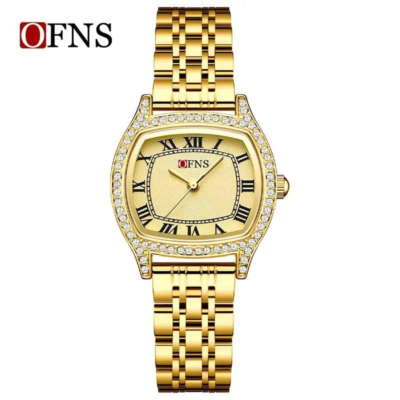Women's Diamond Roman Numeral Quartz Watch Gold Black Strap