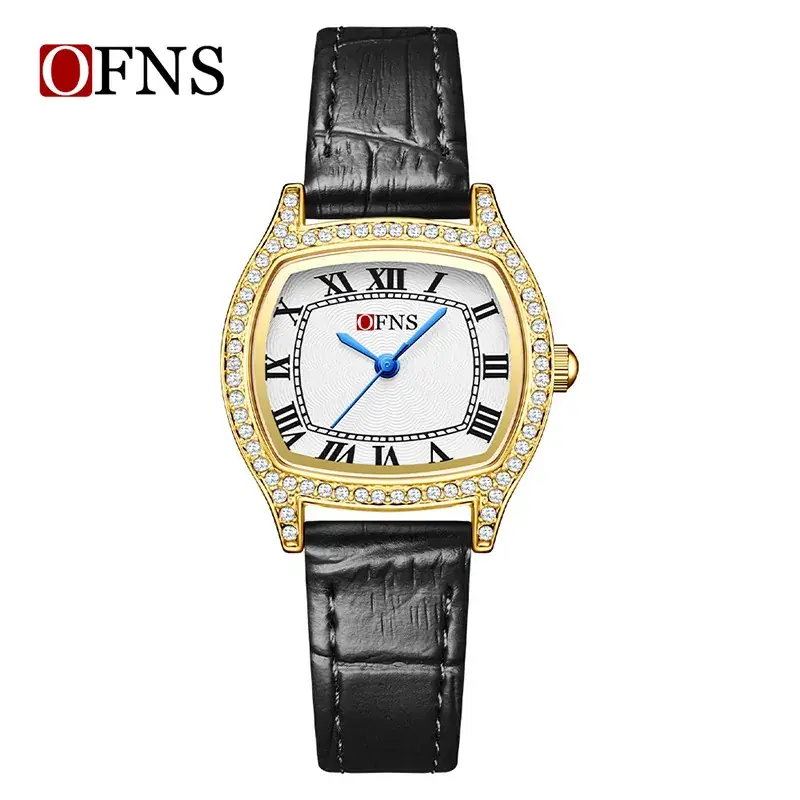 Women's Diamond Roman Numeral Quartz Watch Gold Black Strap