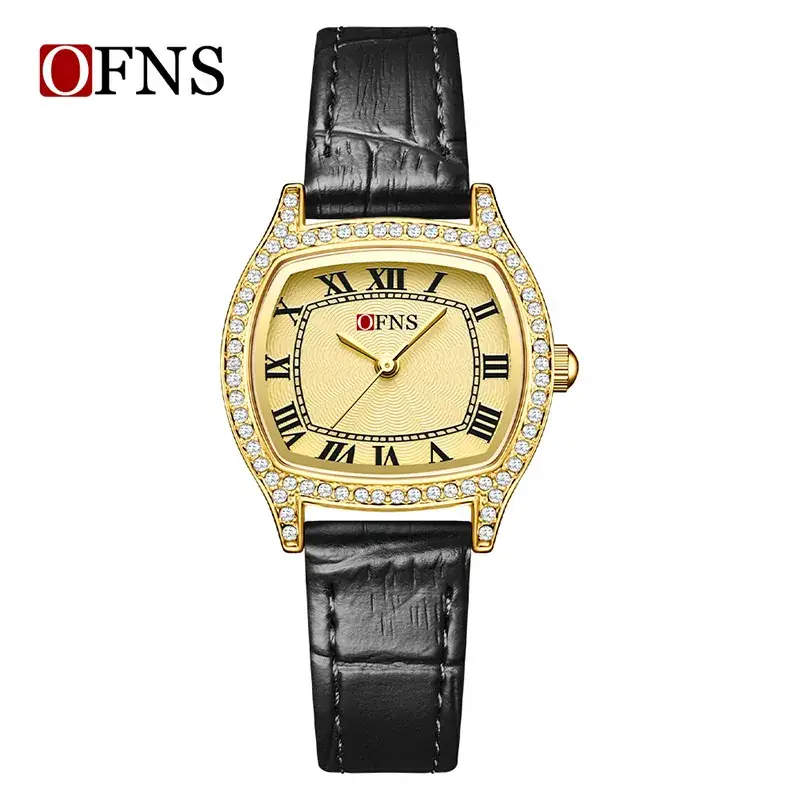 Women's Diamond Roman Numeral Quartz Watch Gold Black Strap