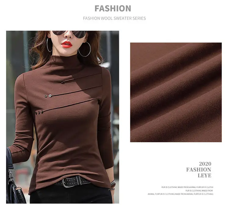 Women's German Velvet Turtleneck Shirt Brown Slim Fit — feature 12