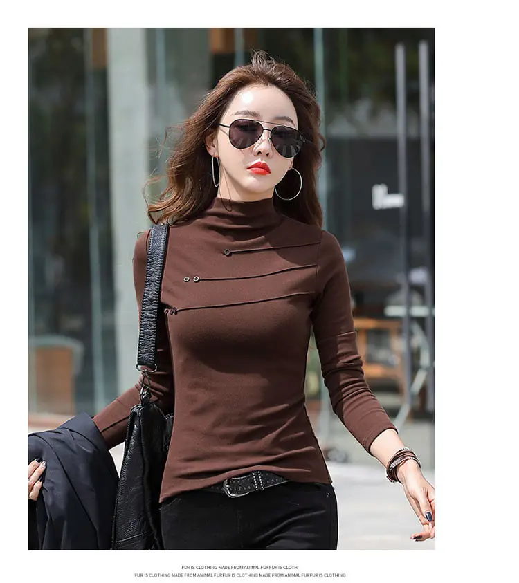Women's German Velvet Turtleneck Shirt Brown Slim Fit — feature 13
