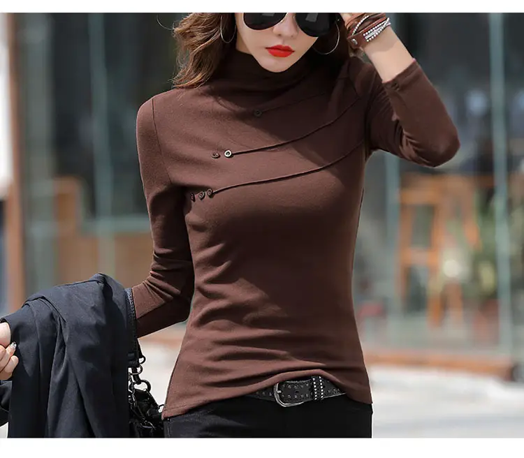 Women's German Velvet Turtleneck Shirt Brown Slim Fit — feature 14