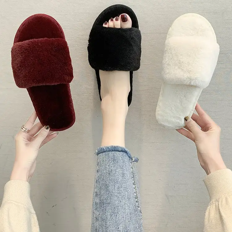Foreign trade cotton slippers furry slippers women's indoor home autumn and winter short plush flat open slippers word plus size slippers