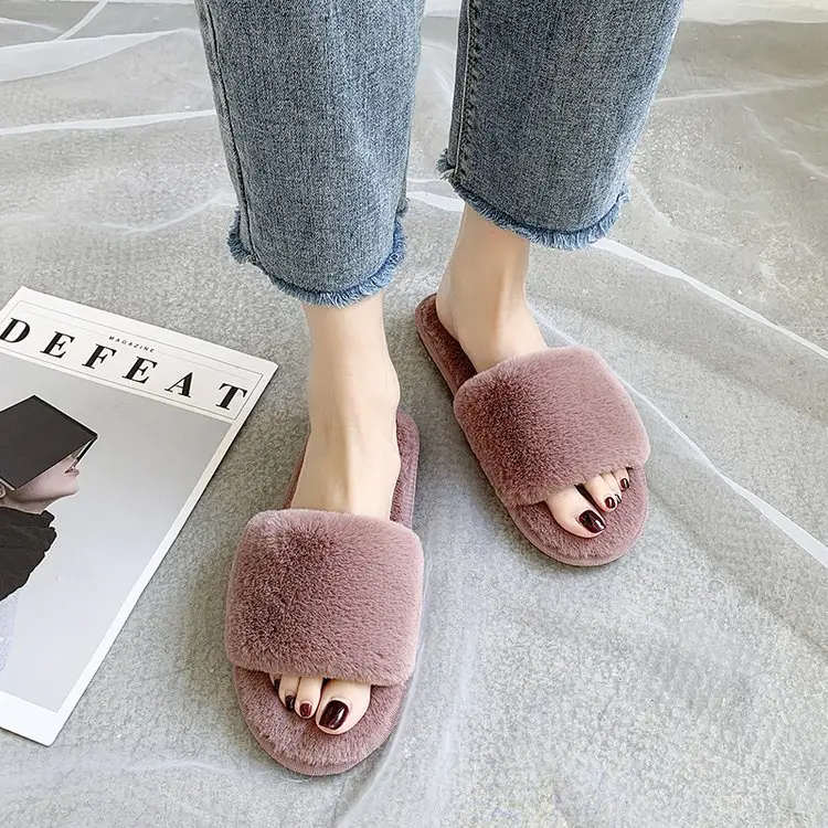 Foreign trade cotton slippers furry slippers women's indoor home autumn and winter short plush flat open slippers word plus size slippers