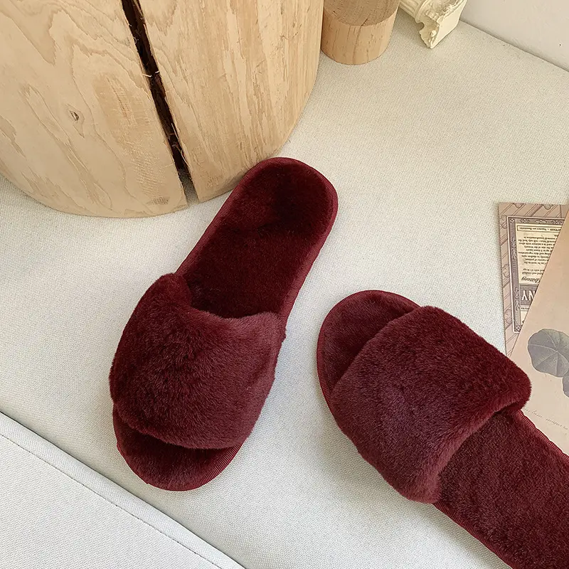 Foreign trade cotton slippers furry slippers women's indoor home autumn and winter short plush flat open slippers word plus size slippers
