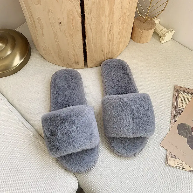 Foreign trade cotton slippers furry slippers women's indoor home autumn and winter short plush flat open slippers word plus size slippers