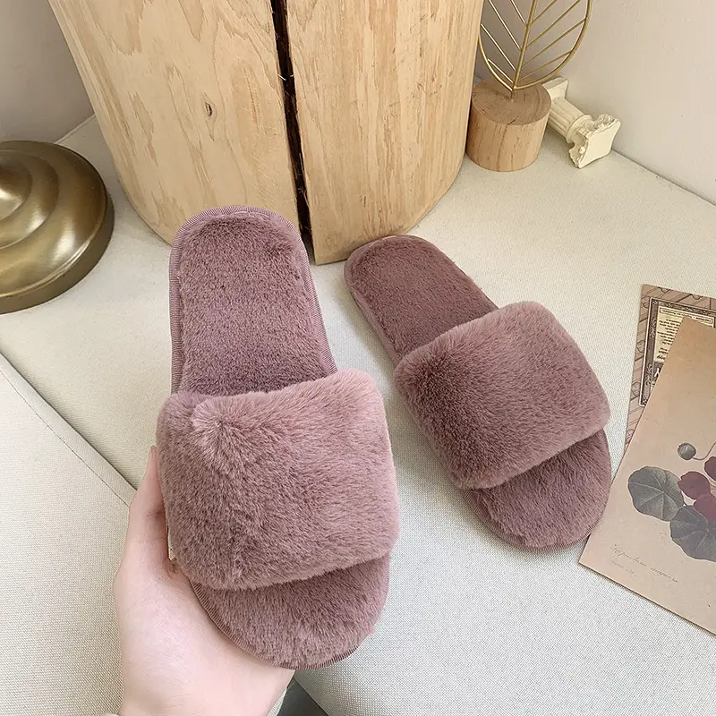 Foreign trade cotton slippers furry slippers women's indoor home autumn and winter short plush flat open slippers word plus size slippers