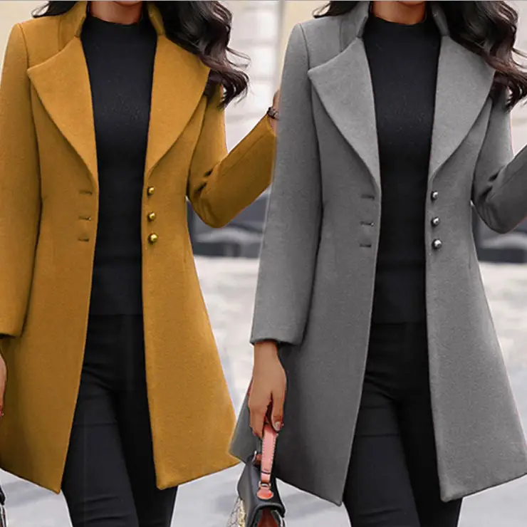 Women's Long Lapel Wool Coat Solid Yellow