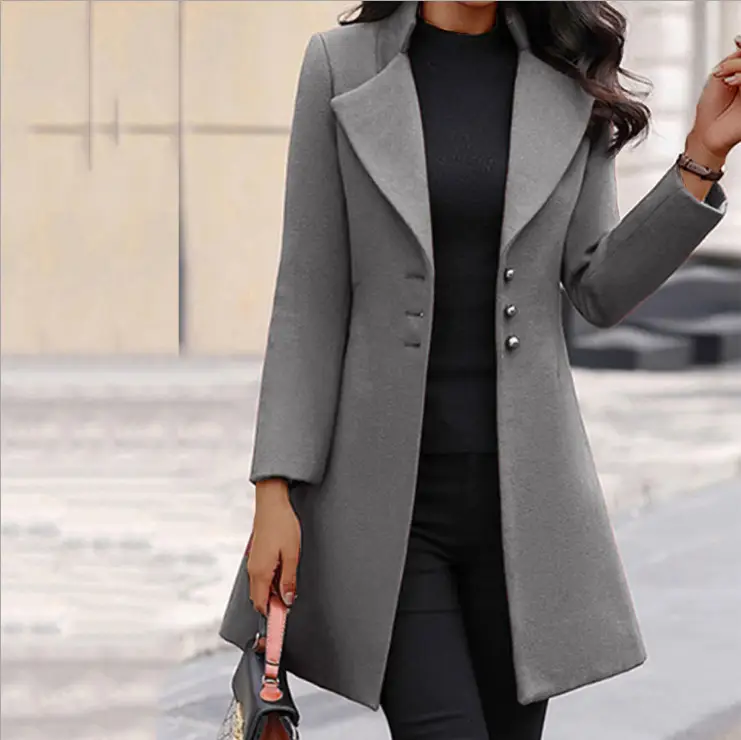 Women's Long Lapel Wool Coat Solid Yellow - Image 5