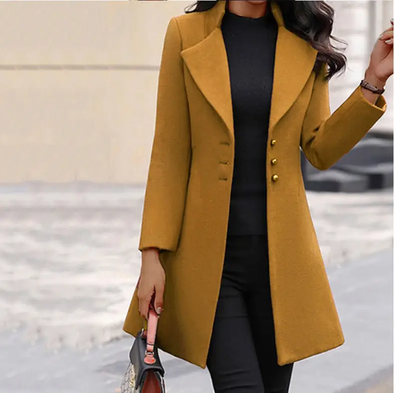 Women's Long Lapel Wool Coat Solid Yellow - Image 6