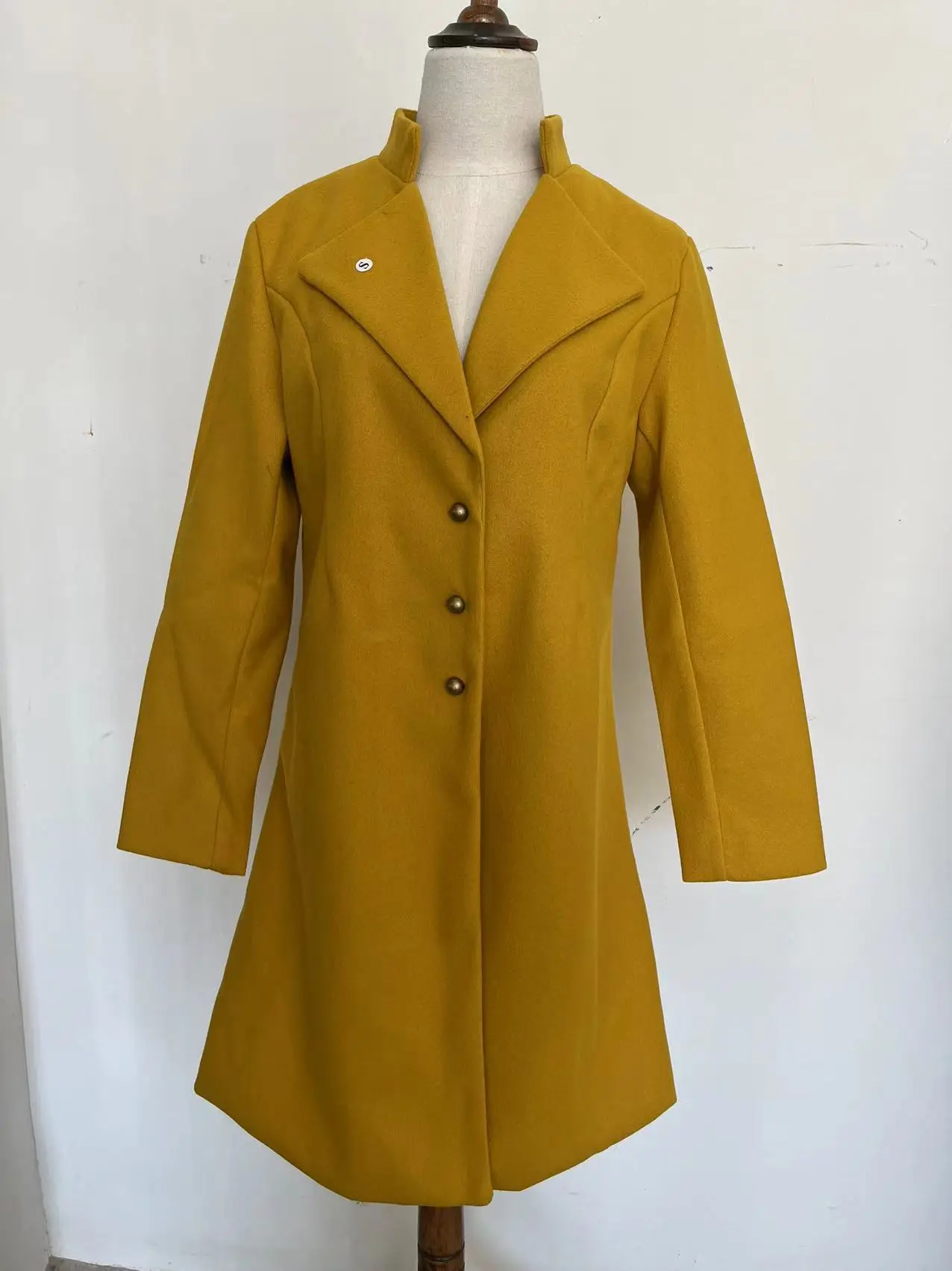 Women's Long Lapel Wool Coat Solid Yellow - Image 2